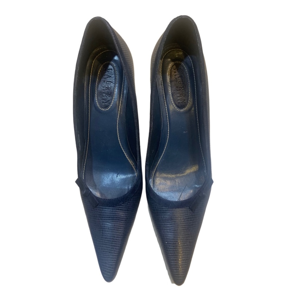 Lauren Ralph Lauren dark blue pointed toe lizard texture pumps w/suede bow trim.